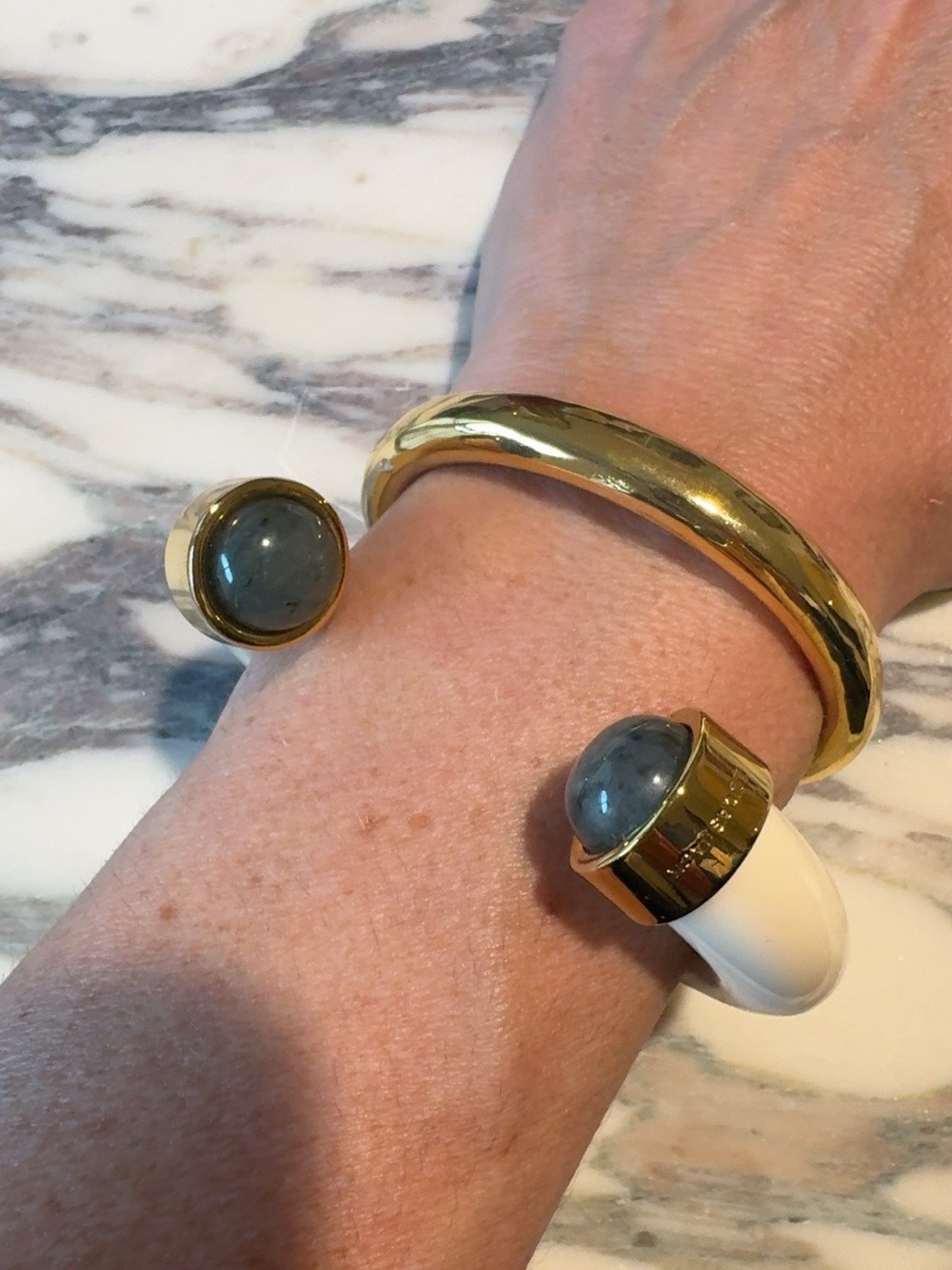 Lucas Jack Gold & Ivory Cuff Bracelet Set with Blue-Gray Stones